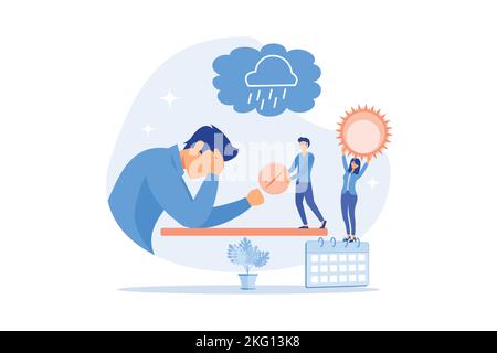 Businessman feeling bad with depressive symptoms, tiny people. Seasonal affective disorder, mood disorder, depression symptoms treatment concept. flat Stock Vector