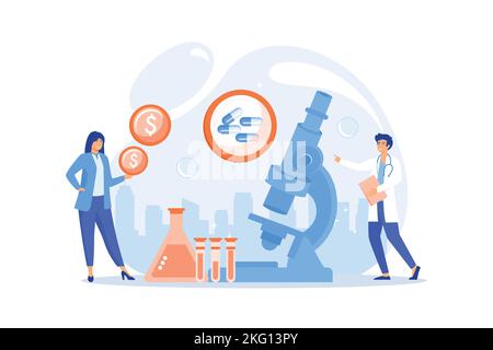 Tiny people scientists in the lab produce pharmaceutical drugs. Pharmacological business, pharmaceutical industry, pharmacological service concept. fl Stock Vector