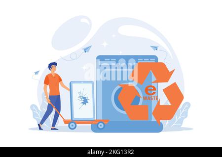 Businessman taking old smartphone in cart to electronic waste recycling. E-waste reduction, electronics trade-in programs, gadgets recycling concept. Stock Vector
