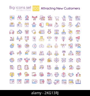 Attracting new customers RGB color big icons set Stock Vector