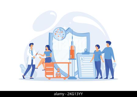 Woman getting flu shot. Contagious disease prevention. Vaccination of adults, adult immunization schedule, vaccine preventable diseases concept. flat Stock Vector