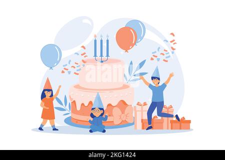 Happy kids at huge cake with candles and gift boxes celebrating birthday party. Kids birthday party, kids party ideas, indoor party spot concept. flat Stock Vector