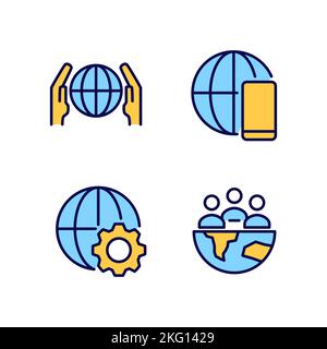 Globalization process pixel perfect RGB color icons set Stock Vector