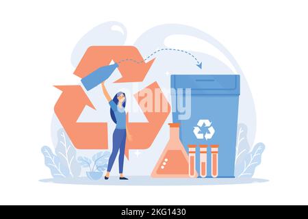 Businesswoman recycling plastic detergent bottle to produce chemicals. Chemical recycling, plastics recycling method, polymeric wastes reuse concept. Stock Vector