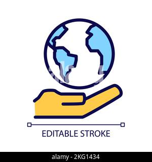 Globe on hand pixel perfect RGB color icon Stock Vector