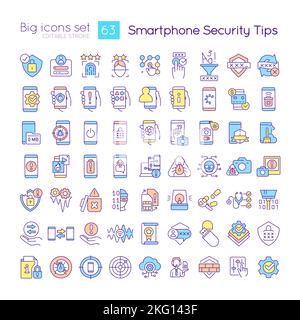 Smartphone security tips RGB color icons set Stock Vector