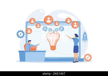 Businessman with new project at laptop and people funding it via internet. Crowdfunding, crowdsourcing project, alternative financing concept. flat ve Stock Vector