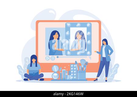 Female user watches beauty blogger showing latest trend makeup tutorial. Beauty blogger, beauty blog production, online beauty consultant concept. fla Stock Vector
