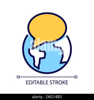 Globe with speech bubble pixel perfect RGB color icon Stock Vector