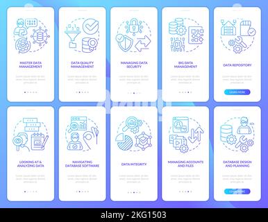 Info optimization process blue gradient onboarding mobile app screen set Stock Vector