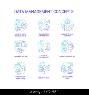 Data management blue gradient concept icons set Stock Vector