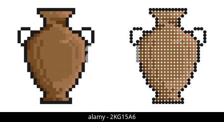 Pixel icon. Greek clay jug with ornament elements, antique pottery made of ceramics and clay. Simple retro game vector isolated on white background Stock Vector