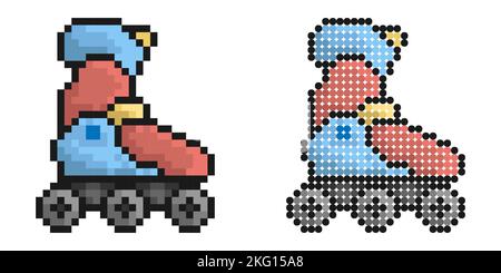 Pixel icon. Roller skates on wheels, extreme sports and entertainment. Sports equipment. Simple retro game vector isolated on white background Stock Vector