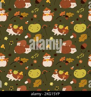 Cute hedgehogs seamless pattern. Autumn forest animals with fruits, mushrooms. Leaves and oak acorns. Funny comic characters. Adorable mammals. Wild Stock Vector