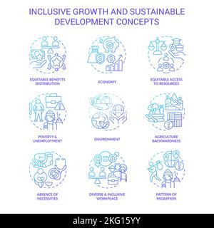 Inclusive growth and sustainable development blue gradient concept icons set Stock Vector