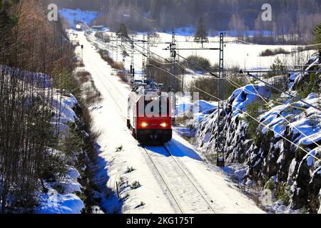 Ttr99 MEERI track inspection vehicle by Italian Mermec on diagnostic run on Finnish Coastal Railway, arriving in Salo, Finland. Feb 11, 2022. Stock Photo