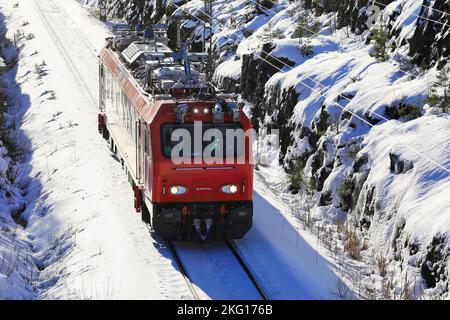 Ttr99 MEERI track inspection vehicle by Italian Mermec on diagnostic run on Finnish Coastal Railway, arriving in Salo, Finland. Feb 11, 2022. Stock Photo