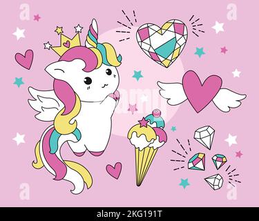 Cute Unicorn in kawaii style. Vector illustration with a character for a greeting card, printed T-shirts Stock Vector