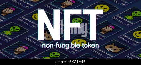 Banner NFT with isometric crypto arts in background. NFT token in crypto artwork Stock Vector