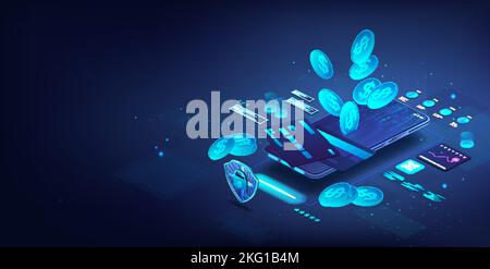 Coin drop into a mobile phone. 3D isometric illustration Stock Vector