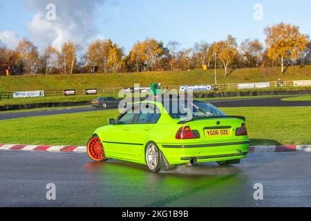 2006 Green BMW 3 Series 530D SE 2993cc Diesel 6 speed manual; Rear-wheel-drive car, driving on drift tracks and high-speed cornering on wet roads on a Three Sisters Drift Day in Wigan, UK Stock Photo