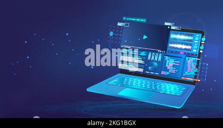 Make video content on 3D laptop with UI. Blue banner Stock Vector