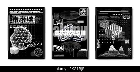 Wireframe 3D shapes in trendy retro cyberpunk 80s 90s style. Y2k aesthetic.  21839779 Vector Art at Vecteezy