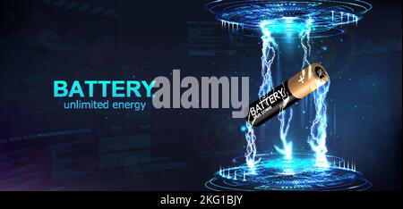 Futuristic banner 3d Li-Ion AA or AAA battery. Mockup banner with electric lightening bolt power Stock Vector