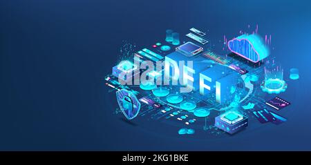 DeFi isometric 3D banner. Decentralized Finance, cryptocurrency Stock Vector