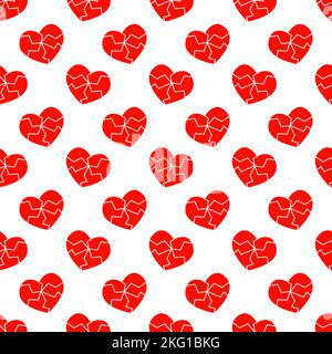 Red cracked heart icons seamless pattern. Symbol of heartbreak, divorce, parting, heart disease, infarct background. Vector flat illustration. Stock Vector