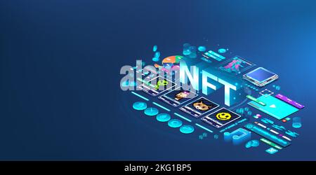 Cards NFT token with crypto art. Digital Non-fungible tokens with pixel arts in isometric Stock Vector