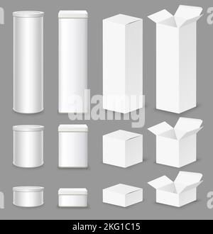 Realistic white cardboard box mockup set, vector isolated illustration. Open and closed round and rectangular containers in different sizes for food, Stock Vector