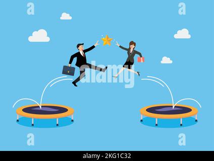 Businessman and woman bounce on trampoline jump flying high to grab star. Business concept. Vector illustration Stock Vector