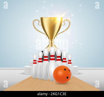 Bowling game tournament winner poster template. Vector realistic illustration of bowling ball, alley, skittles and gold trophy cup standing on white p Stock Vector