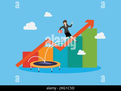 Business woman bounce on trampoline business concept. Business success metaphor. Vector illustration Stock Vector