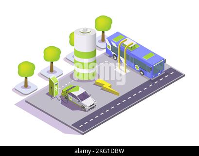 Electric vehicle charging station, electromobile and city public bus, vector flat isometric illustration. Electric refueling, eco transport. Stock Vector