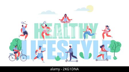 Healthy life concept vector flat illustration. Healthy lifestyle in big letters, male and female active cartoon characters practicing yoga, running, r Stock Vector