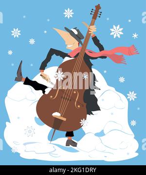 Winter. Snow. Cellist playing cello. Winter concert. Snowflakes. Smiling cellist playing music with inspiration Stock Vector