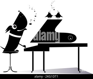 Cartoon dog playing piano and singing. Comic dog playing piano and birdsong. Black on white background Stock Vector