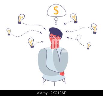 Thinking young man, light bulbs and dollar sign thought bubble around him, vector flat style design illustration. Successful idea monetization, develo Stock Vector
