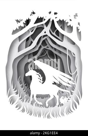 Vector layered paper cut style forest landscape and mythical Pegasus silhouette. Creative fairytale composition. Stock Vector
