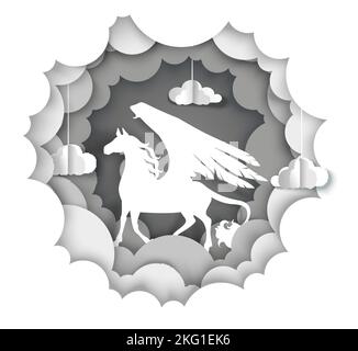 Vector layered paper cut style fluffy clouds and mythological Pegasus, winged horse silhouette. Beautiful fairytale composition. Stock Vector