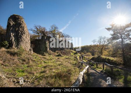 rock pillar of the Stenzelberg mountain in the Siebengebirge hill range near Koenigswinter, the mountain served as a quarry for quartz latite until th Stock Photo