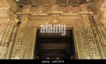 Details of  Carved entrance door  of Ranakpur Jain Temple, Rajasthan, India. Stock Photo