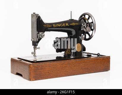 Isolated vintage Singer Sewing Machine model 99k made in 1945. Stock Photo