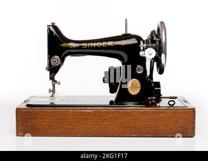 Isolated vintage Singer Sewing Machine model 99k made in 1945. Stock Photo