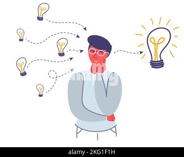 Thinking young man and light bulbs, vector flat style design illustration. Search for ideas, generation of innovative ideas concept for web banner, we Stock Vector