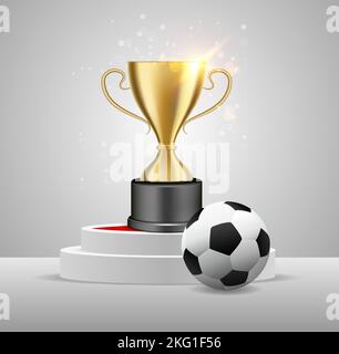 Soccer ball and trophy award on white round podium, vector illustration. Football championship winner composition for poster, banner, emblem, etc. Stock Vector