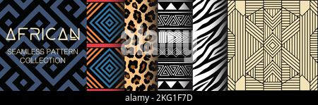African collection of seamless patterns. Geometry, textures and signs. Ethnic aesthetic and african ornaments. Tribal designs, folk artworks Stock Vector