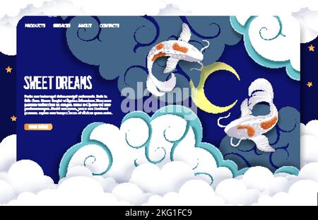 Sweet dreams vector website template, web page and landing page design for website and mobile site development. Cute happy catfish couple swimming tog Stock Vector